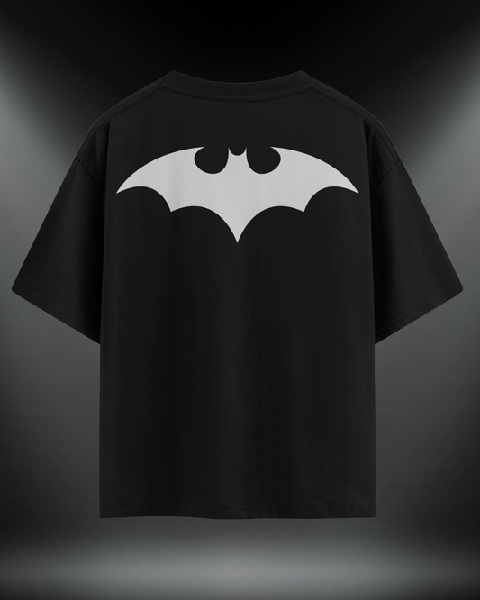 Batman reflektör baskılı motorcu tişört, siyah, arkadan görünüm. Reflektörlü büyük yarasa sırt baskısı, gece görünürlük