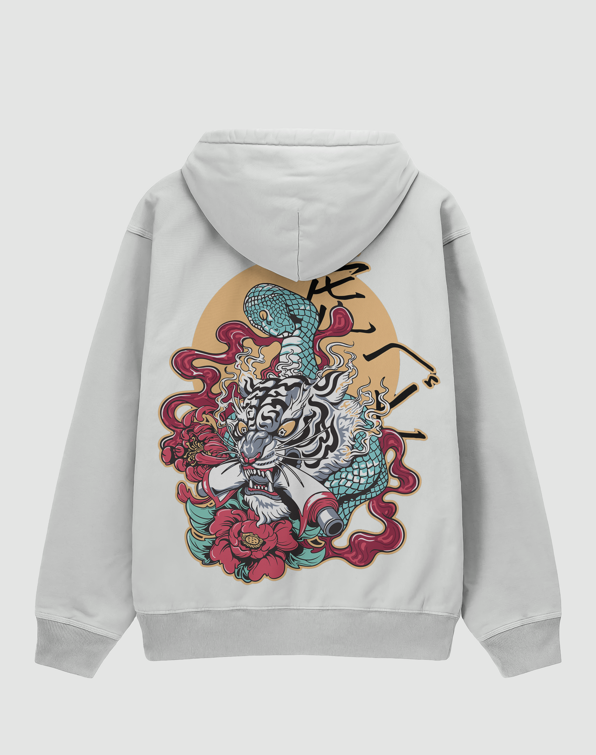 Beyaz kaplan baskılı oversize hoodie, beyaz, arkadan görünüm. Japon tarzı beyaz kaplan ve yılan sırt baskısı, önde küçük baskı