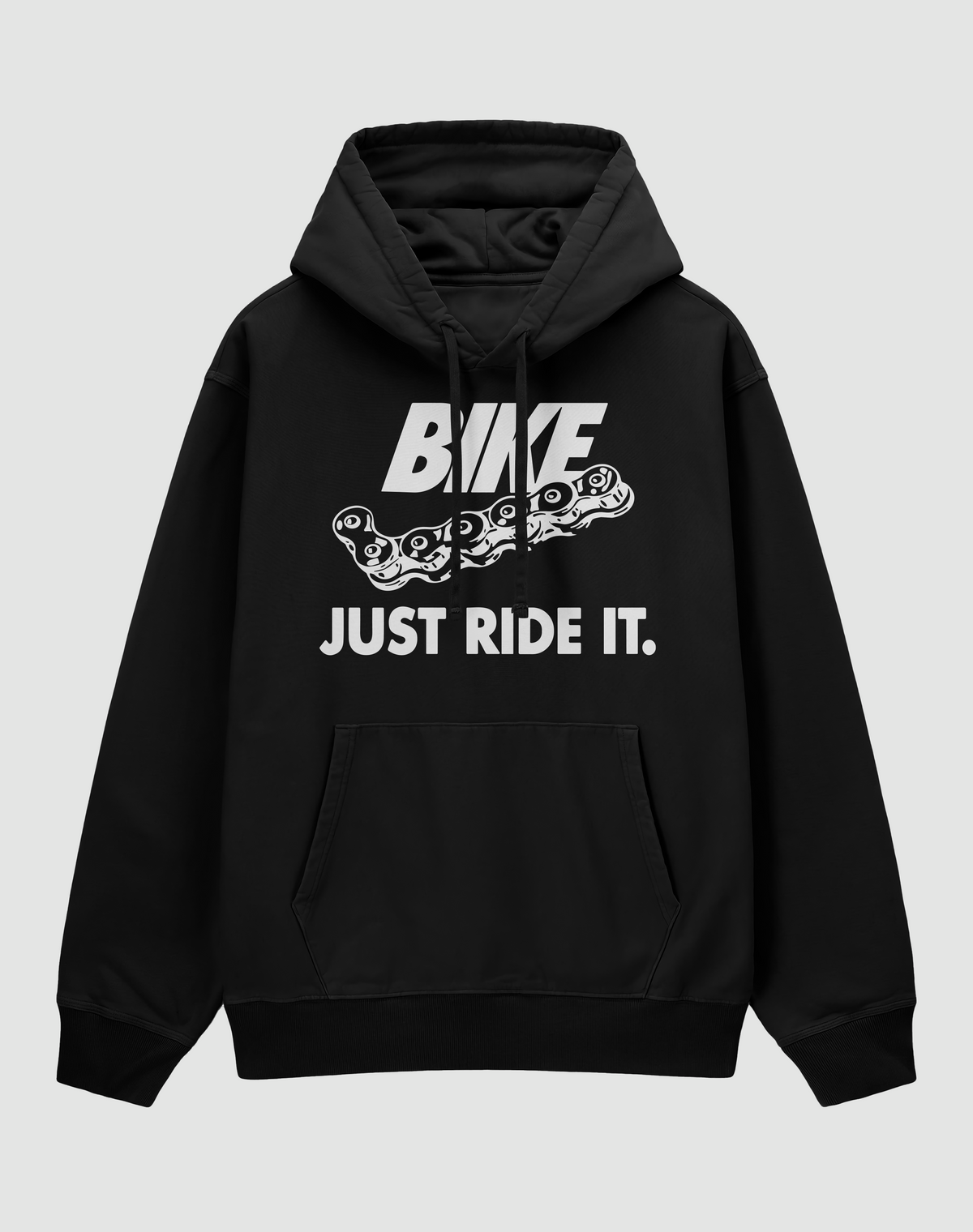 Bike It baskılı oversize motorcu hoodie, siyah, önden görünüm. Önde BIKE – JUST RIDE IT. yazısı ve zincir baskısı