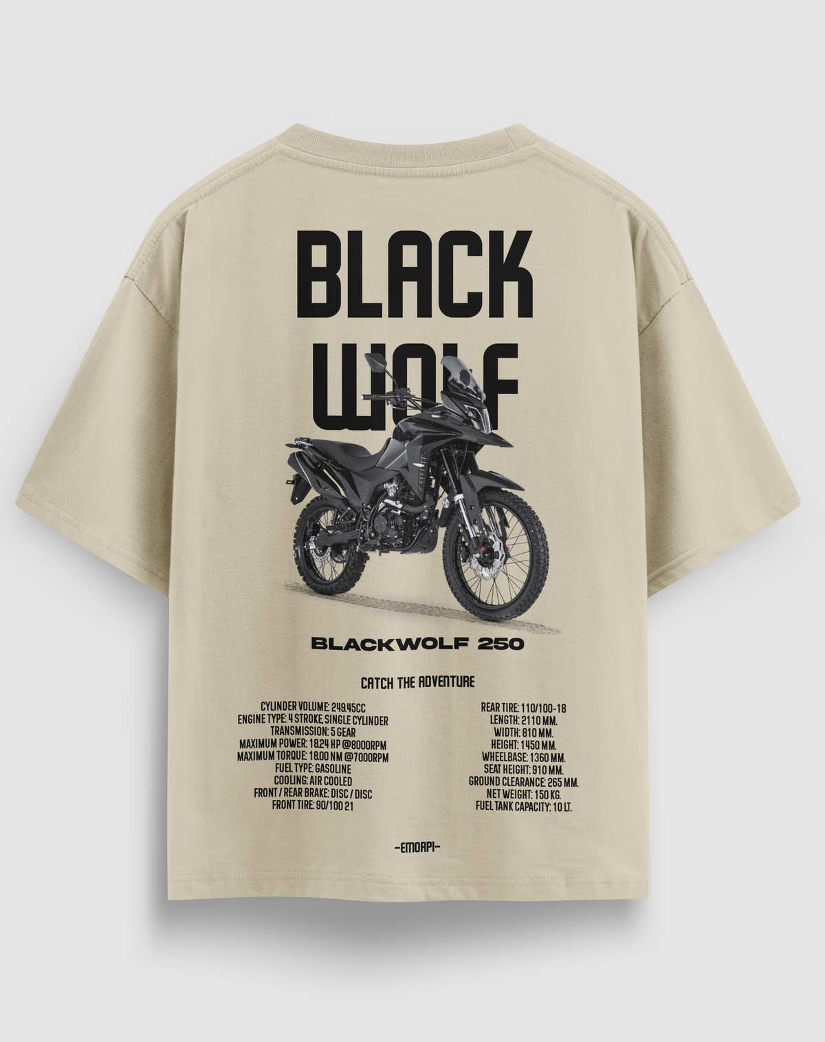 Black Wolf 250 baskılı motorcu tişört, bej, arkadan görünüm. Blackwolf 250 çizimli sırt baskısı