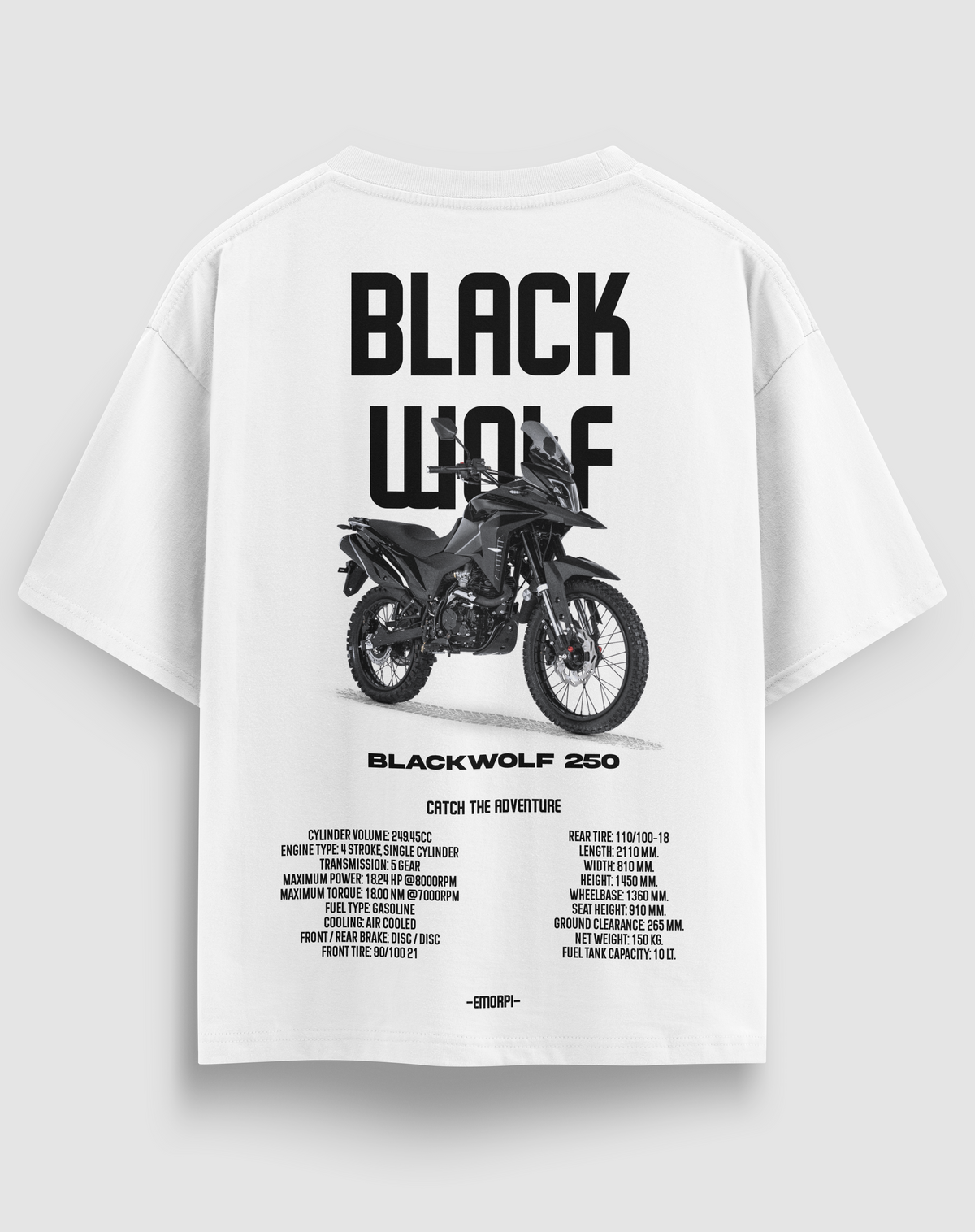 Black Wolf 250 baskılı motorcu tişört, beyaz, arkadan görünüm. Blackwolf 250 çizimli sırt baskısı