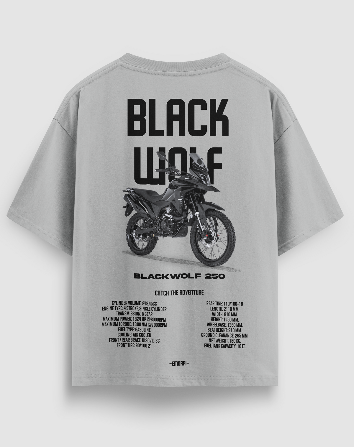 Black Wolf 250 baskılı motorcu tişört, gri, arkadan görünüm. Blackwolf 250 çizimli sırt baskısı