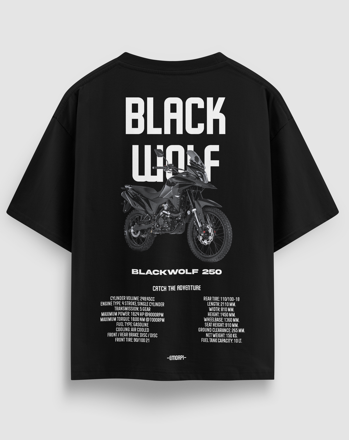Black Wolf 250 baskılı motorcu tişört, siyah, arkadan görünüm. Blackwolf 250 çizimli sırt baskısı