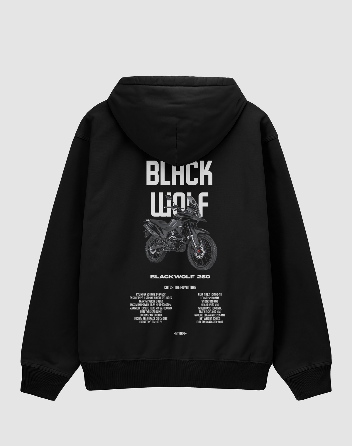 Blackwolf baskılı oversize motorcu hoodie, siyah, arkadan görünüm. Blackwolf 250 çizimli sırt baskısı
