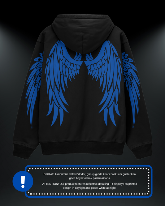 Blue Angel reflektörlü oversize motorcu hoodie, siyah, sırtta mavi kanat baskısı