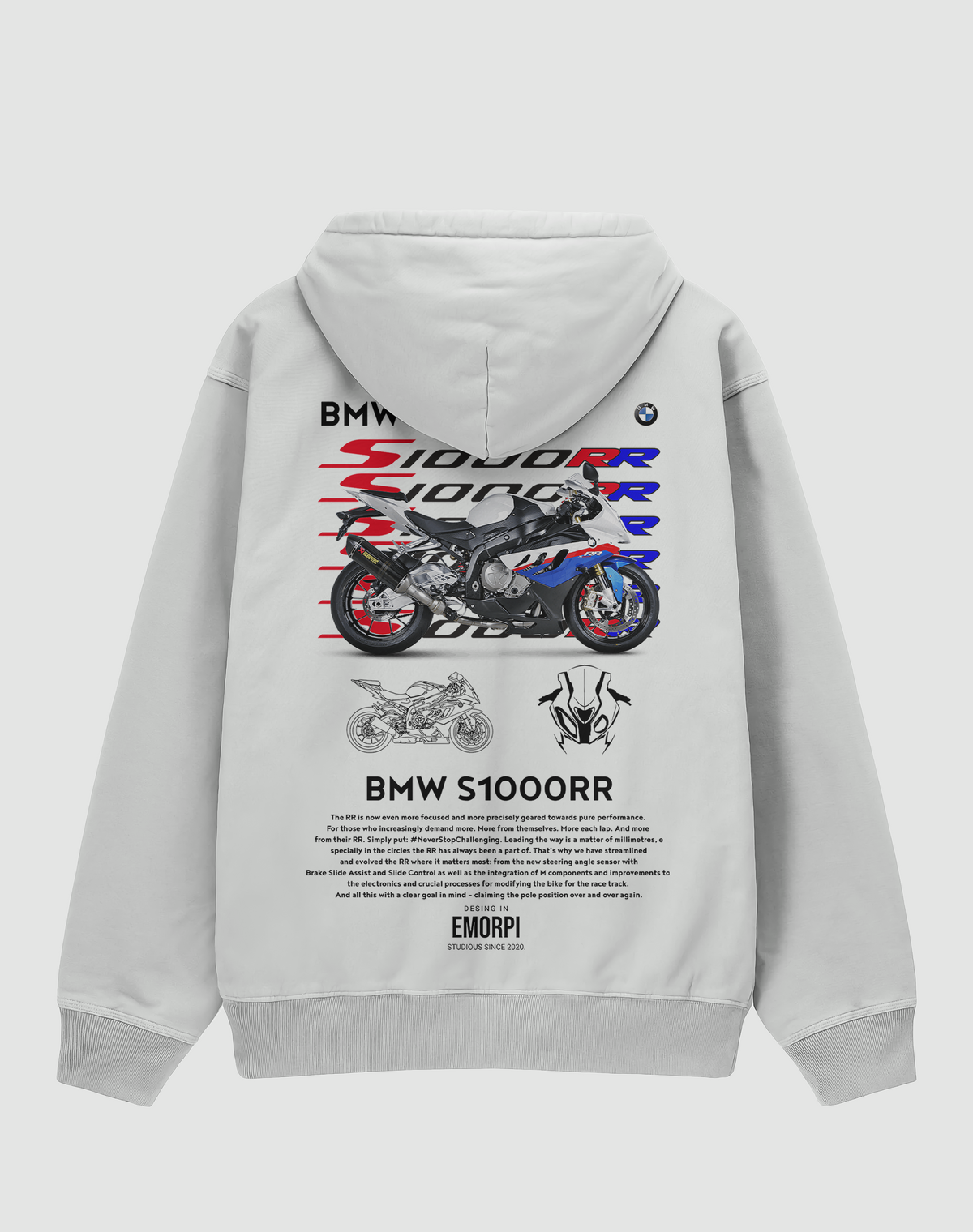 BMW S1000RR baskılı oversize hoodie, beyaz, arkadan görünüm. BMW S1000RR çizimli renkli sırt baskısı