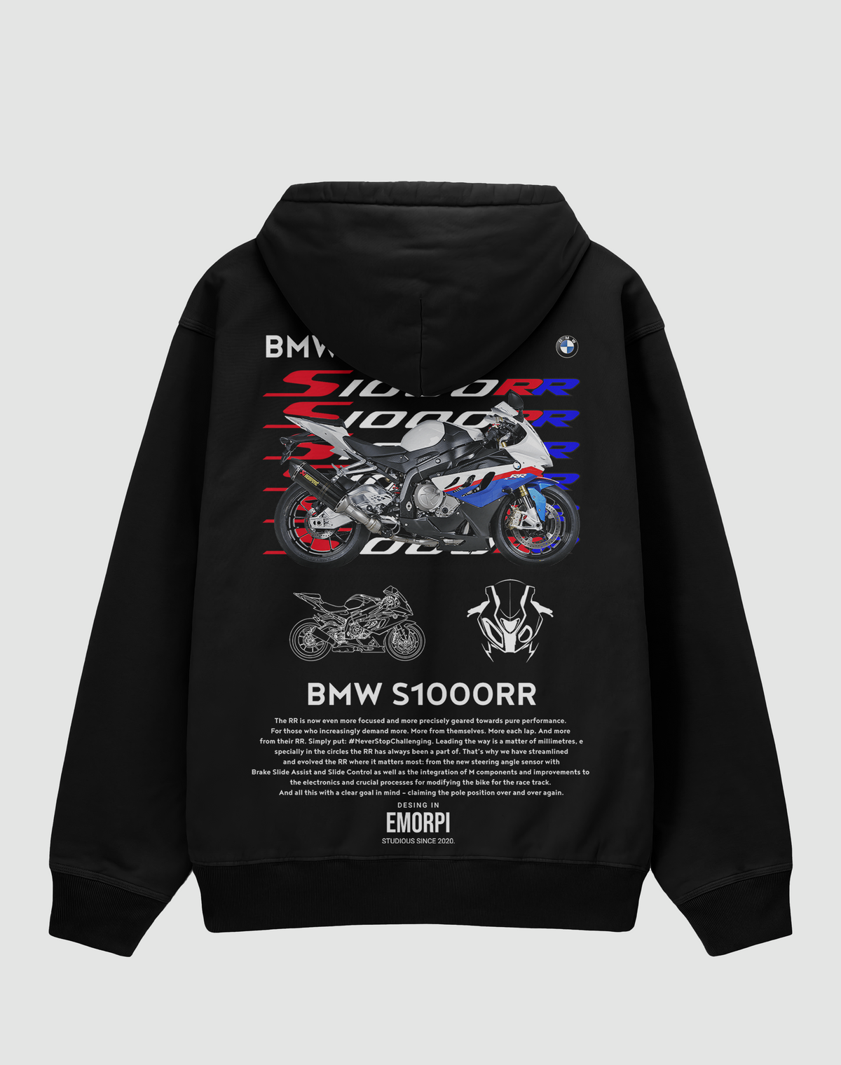 BMW S1000RR baskılı oversize hoodie, siyah, arkadan görünüm. BMW S1000RR çizimli renkli sırt baskısı