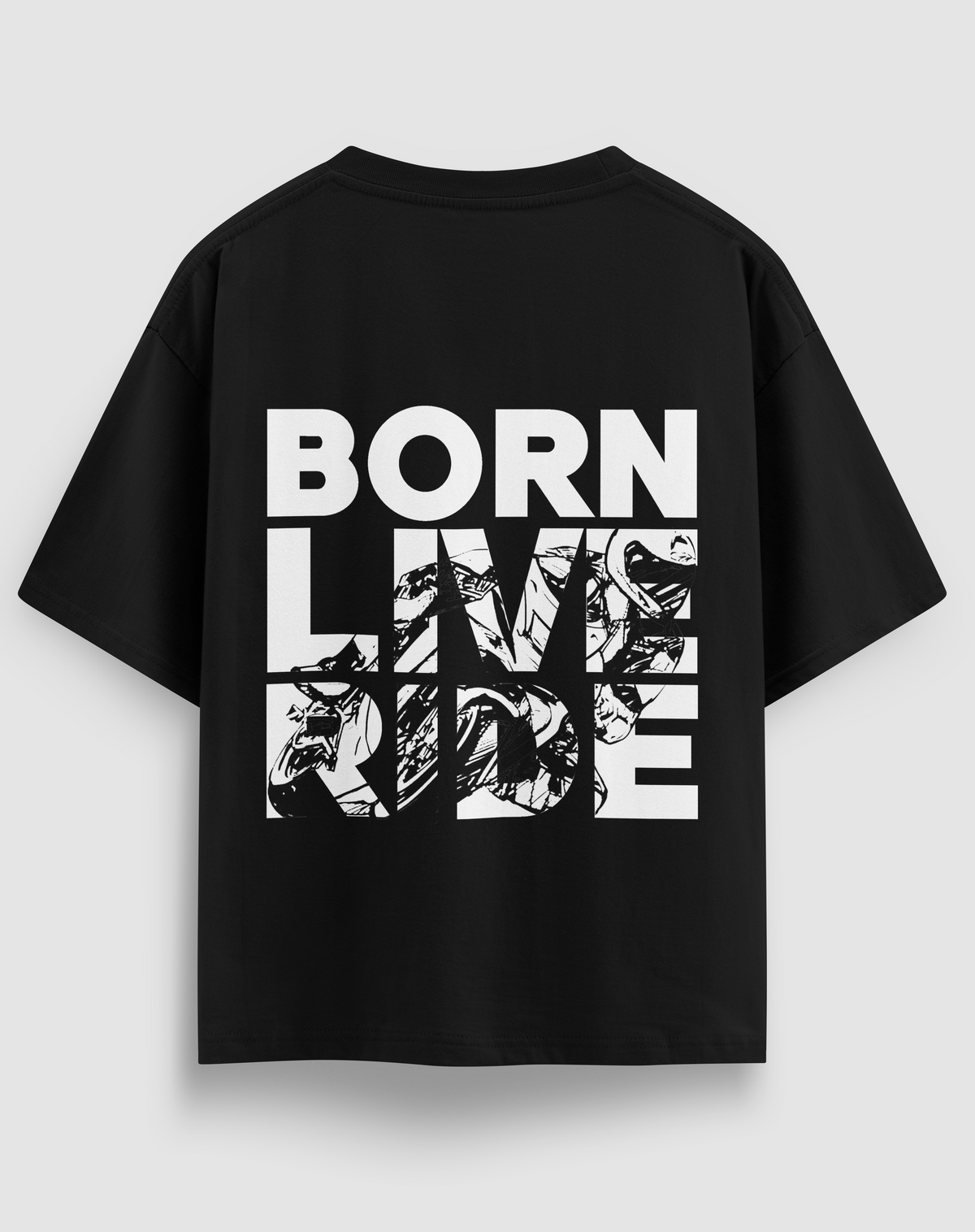 Born Live Ride baskılı motorcu tişört, siyah, arkadan görünüm. BORN LIVE RIDE yazılı motorcu sırt baskısı, önde küçük logo