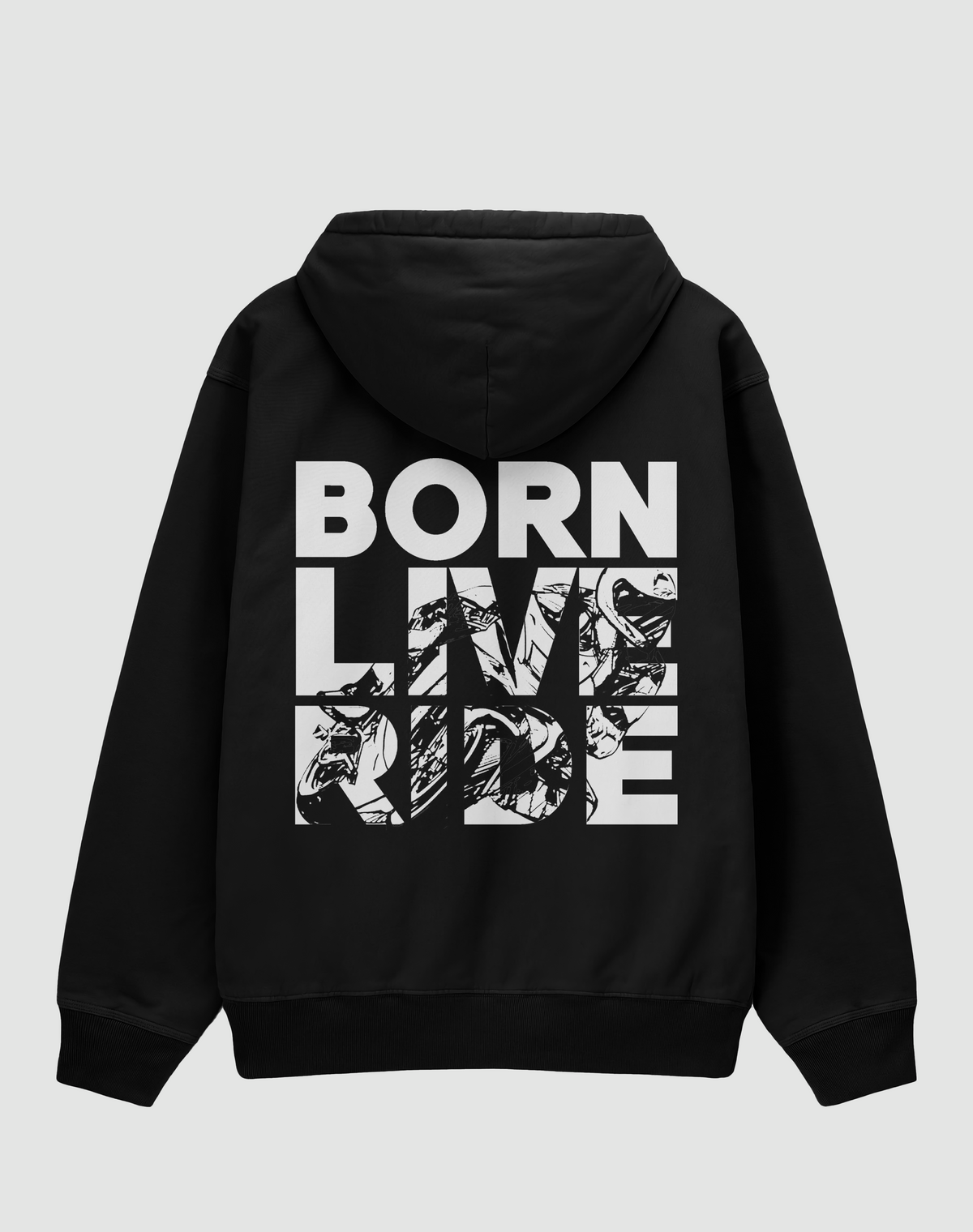 Born Live Ride baskılı oversize motorcu hoodie, siyah, arkadan görünüm. BORN LIVE RIDE yazısı ve motosiklet sırt baskısı
