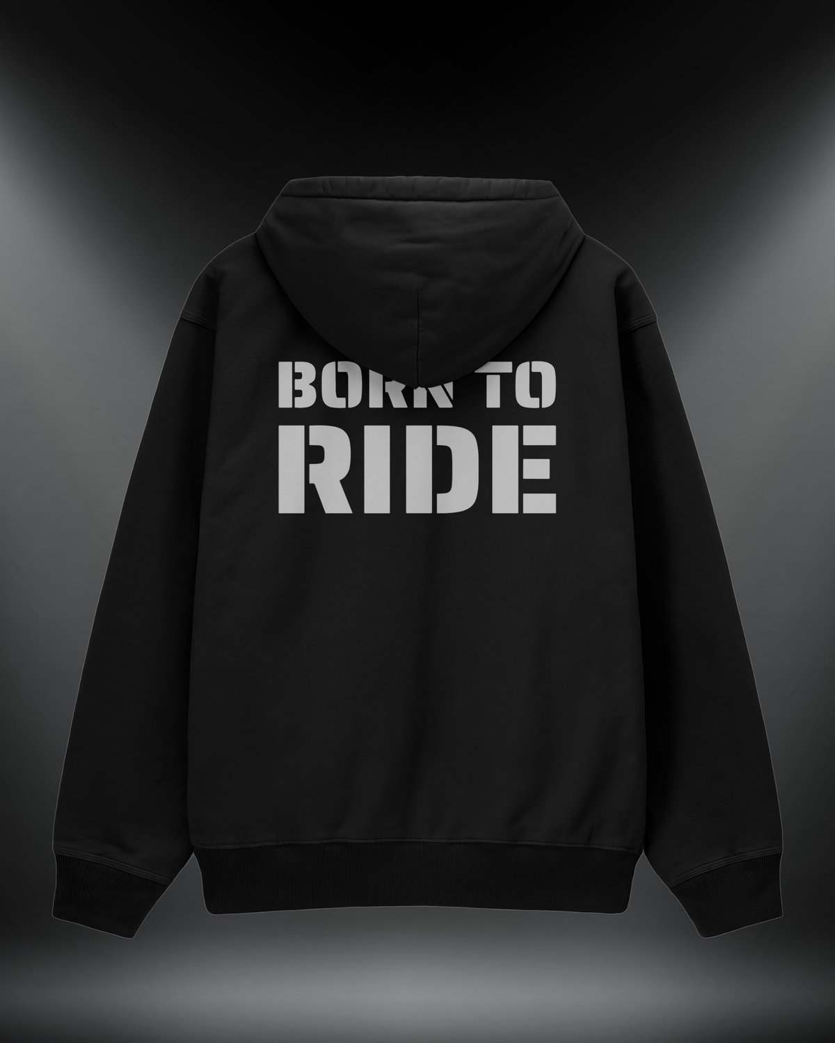 Born to Ride reflektörlü oversize motorcu hoodie, siyah, arkadan görünüm. Reflektörlü BORN TO RIDE sırt yazısı, gece görünürlük