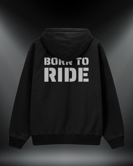 Born to Ride reflektörlü oversize motorcu hoodie, siyah, arkadan görünüm. Reflektörlü BORN TO RIDE sırt yazısı, gece görünürlük