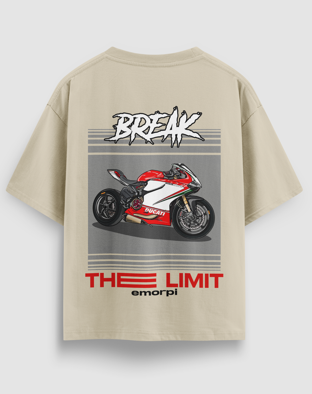 Break The Limit baskılı motorcu tişört, bej, arkadan görünüm. Ducati çizimli BREAK THE LIMIT sırt baskısı