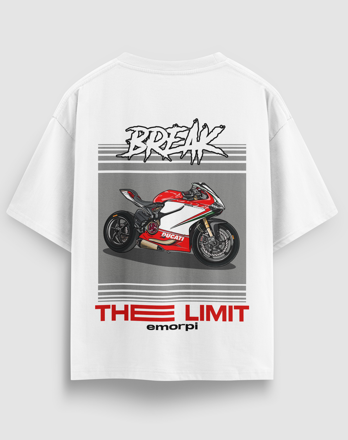 Break The Limit baskılı motorcu tişört, beyaz, arkadan görünüm. Ducati çizimli BREAK THE LIMIT sırt baskısı