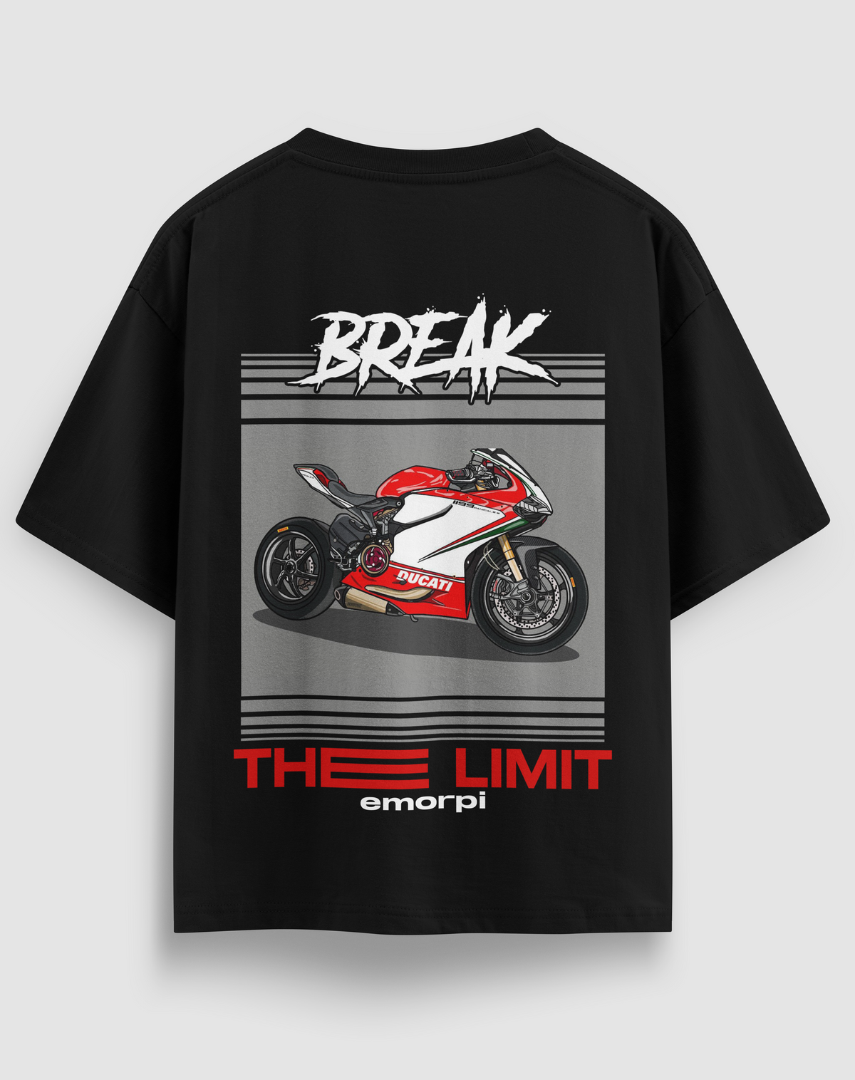 Break The Limit baskılı motorcu tişört, siyah, arkadan görünüm. Ducati çizimli BREAK THE LIMIT sırt baskısı