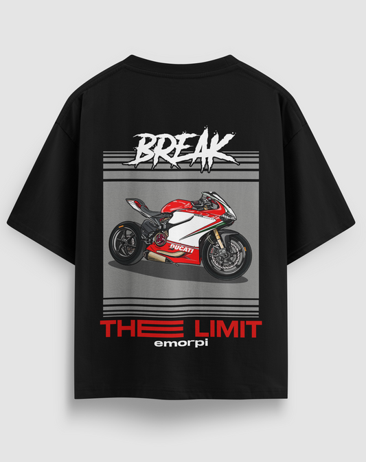 Break The Limit baskılı motorcu tişört, siyah, arkadan görünüm. Ducati çizimli BREAK THE LIMIT sırt baskısı