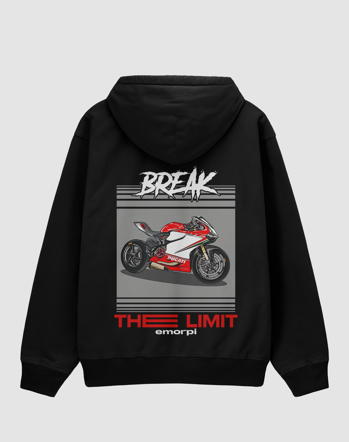 Break The Limit baskılı oversize motorcu hoodie, siyah, arkadan görünüm. Ducati çizimli BREAK THE LIMIT sırt baskısı, önde yazı