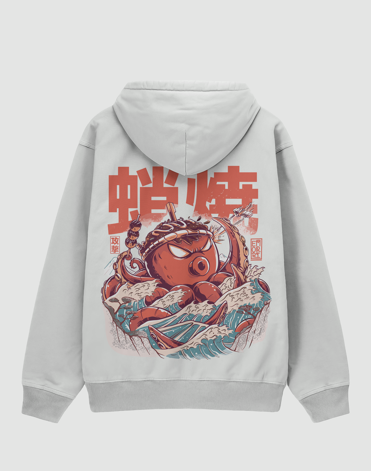 BY EMORPİ Ahtapot baskılı oversize hoodie, beyaz, arkadan görünüm. Japon tarzı ahtapot ve dalga sırt baskısı