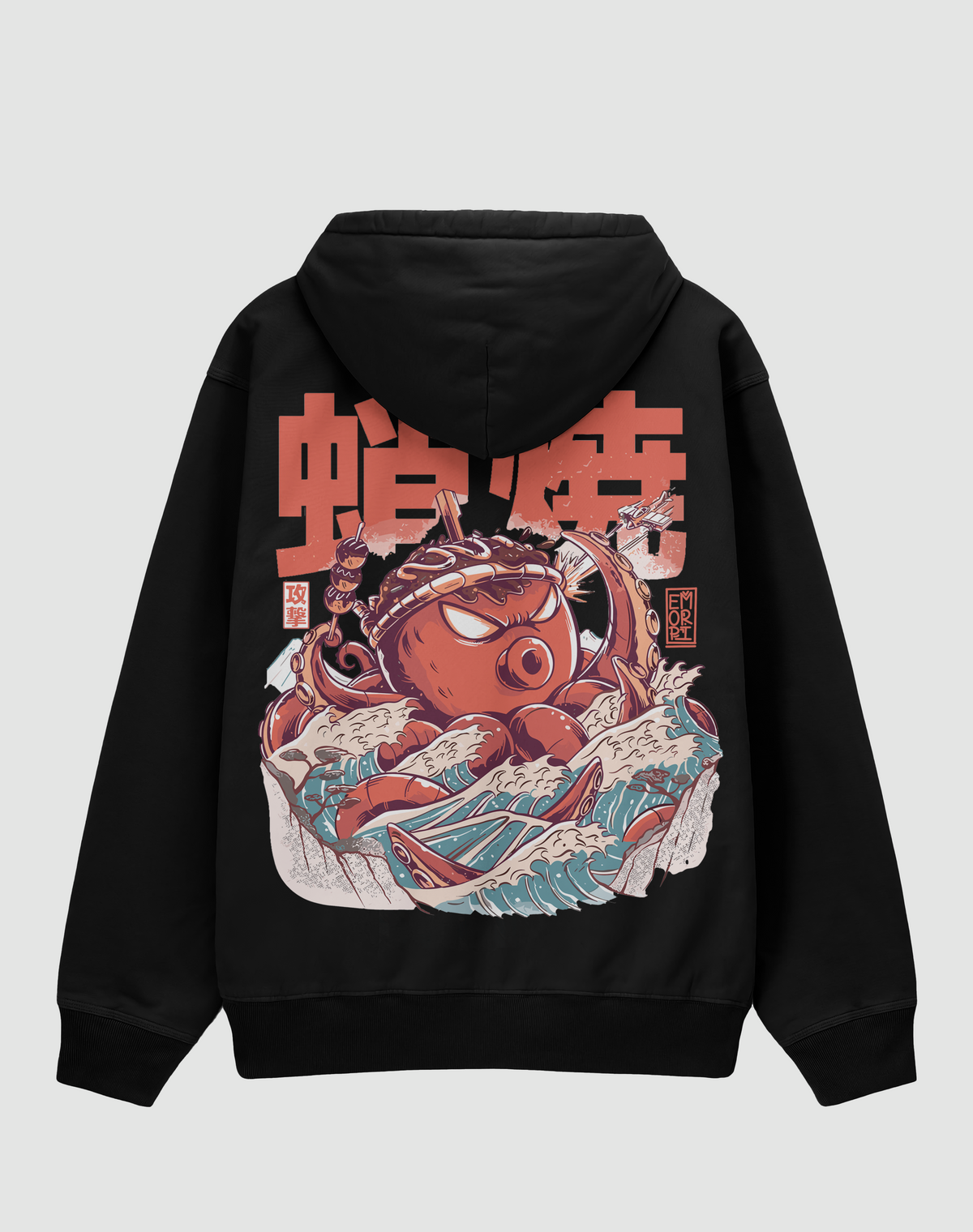 BY EMORPİ Ahtapot baskılı oversize hoodie, siyah, arkadan görünüm. Japon tarzı ahtapot ve dalga sırt baskısı