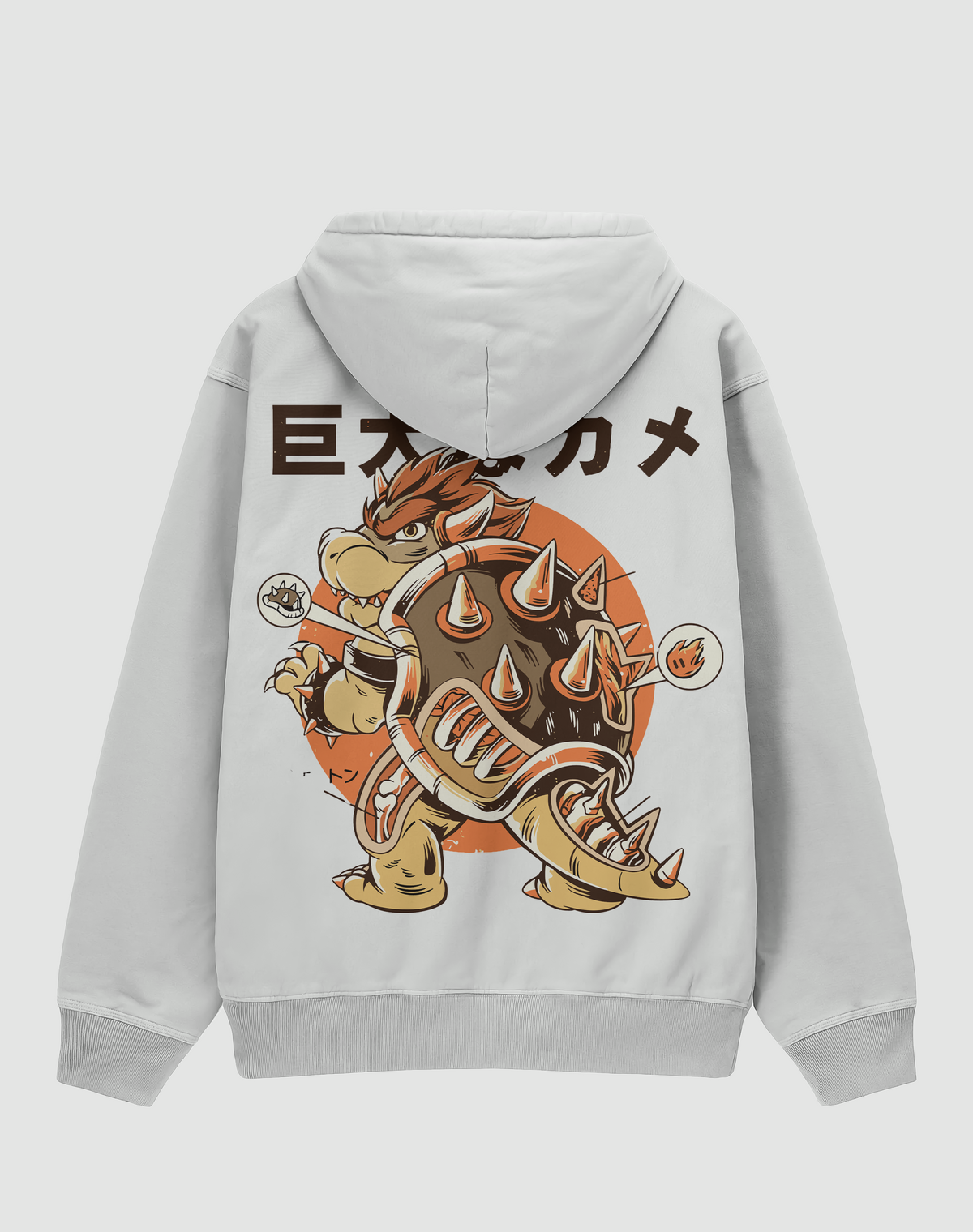 BY EMORPİ Bowser baskılı oversize hoodie, beyaz, arkadan görünüm. Japon tarzı Bowser ve dev kaplumbağa yazısı sırt baskısı
