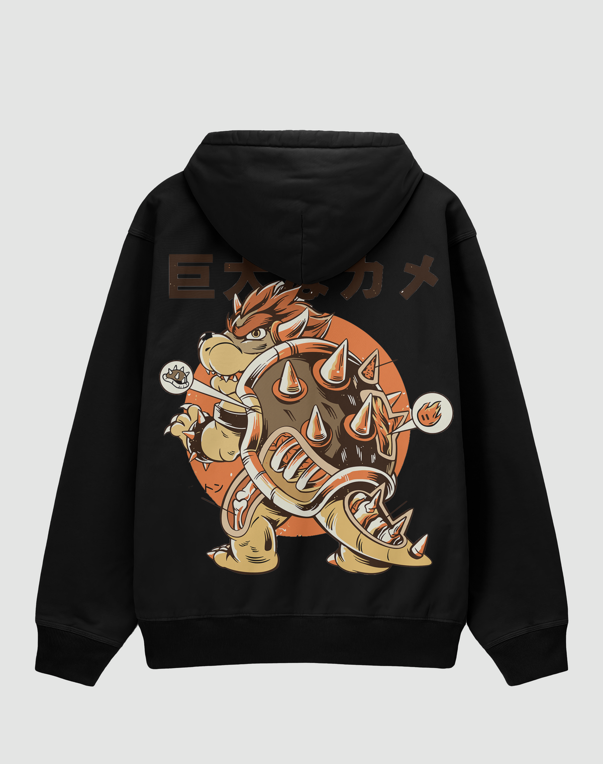 BY EMORPİ Bowser baskılı oversize hoodie, siyah, arkadan görünüm. Japon tarzı Bowser ve dev kaplumbağa yazısı sırt baskısı