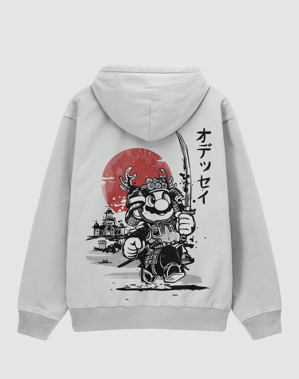 BY EMORPİ Mario baskılı oversize hoodie, beyaz, arkadan görünüm. Samuray Mario ve kırmızı güneş sırt baskısı
