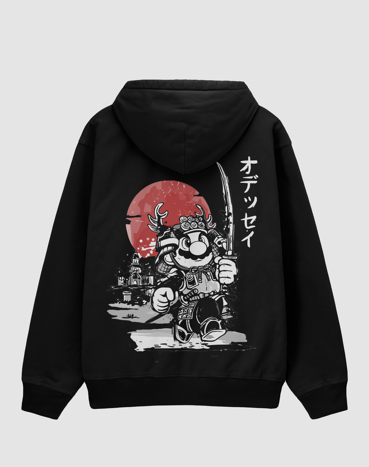 BY EMORPİ Mario baskılı oversize hoodie, siyah, arkadan görünüm. Samuray Mario ve kırmızı güneş sırt baskısı