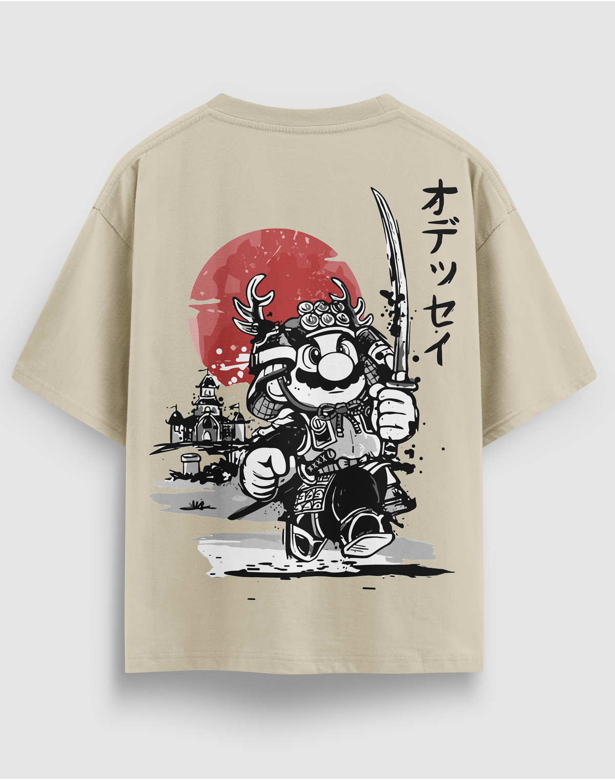 BY EMORPİ Mario baskılı tişört, bej, arkadan görünüm. Samuray Mario ve kırmızı güneş sırt baskısı