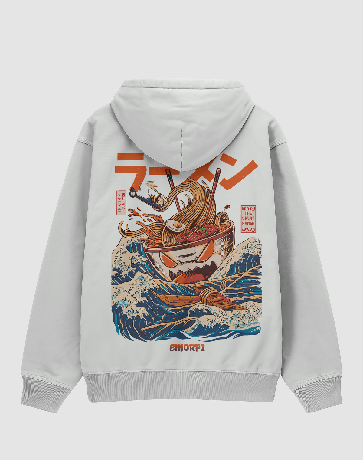 BY EMORPİ Ramen baskılı oversize hoodie, beyaz, arkadan görünüm. Japon tarzı dalgalar ve ramen kâsesi sırt baskısı