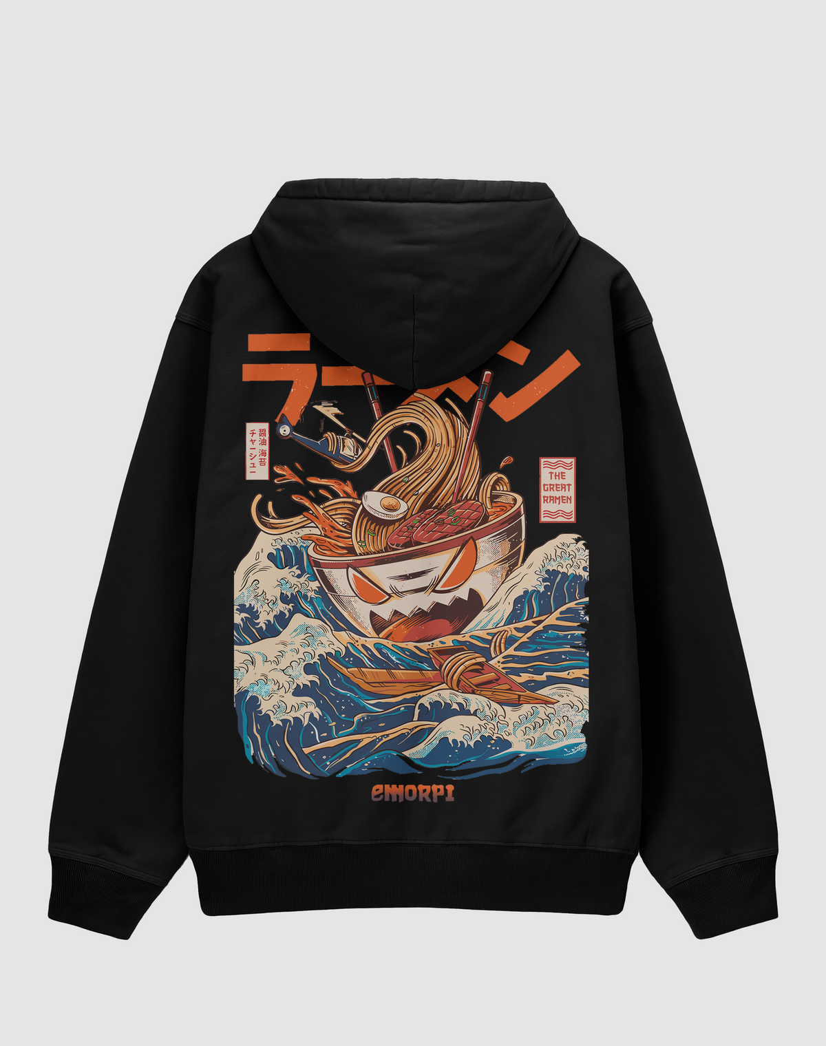 BY EMORPİ Ramen baskılı oversize hoodie, siyah, arkadan görünüm. Japon tarzı dalgalar ve ramen kâsesi sırt baskısı