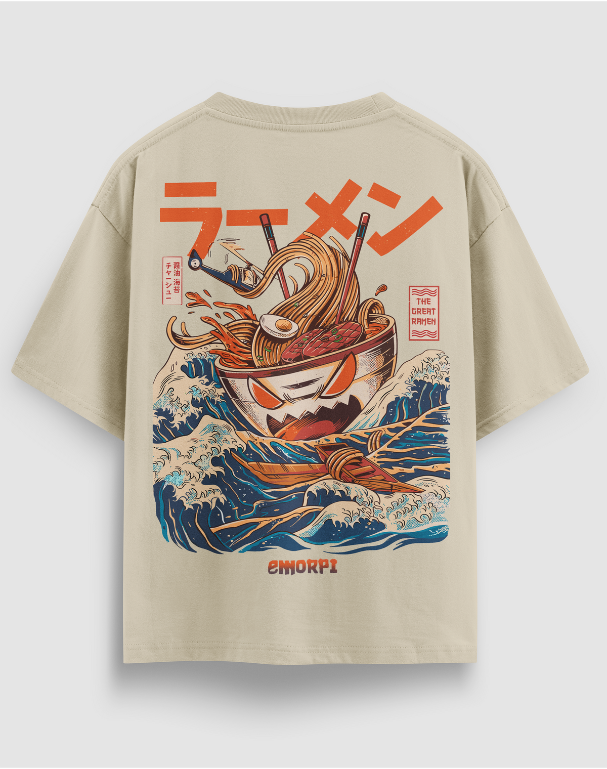BY EMORPİ Ramen baskılı tişört, bej, arkadan görünüm. Japon tarzı dalgalar ve ramen kâsesi sırt baskısı