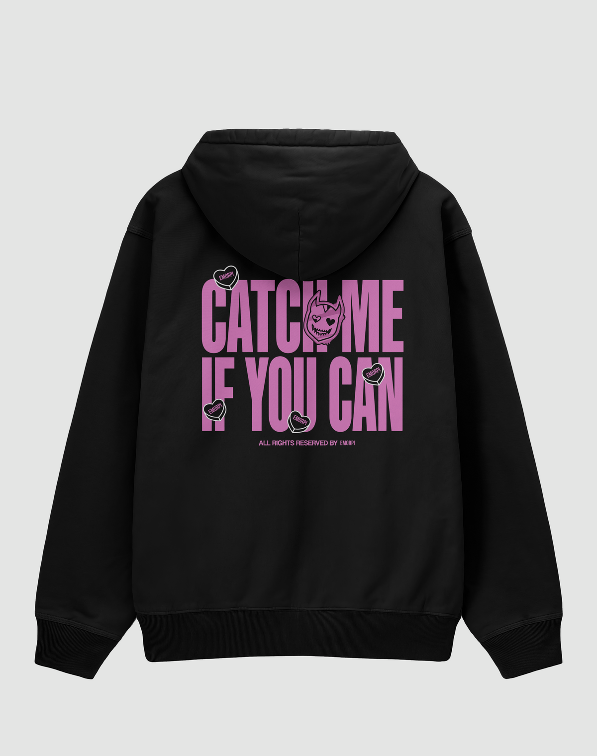 Catch Me If You Can pembe baskılı oversize hoodie, siyah, arkadan görünüm. Pembe CATCH ME IF YOU CAN sırt baskısı