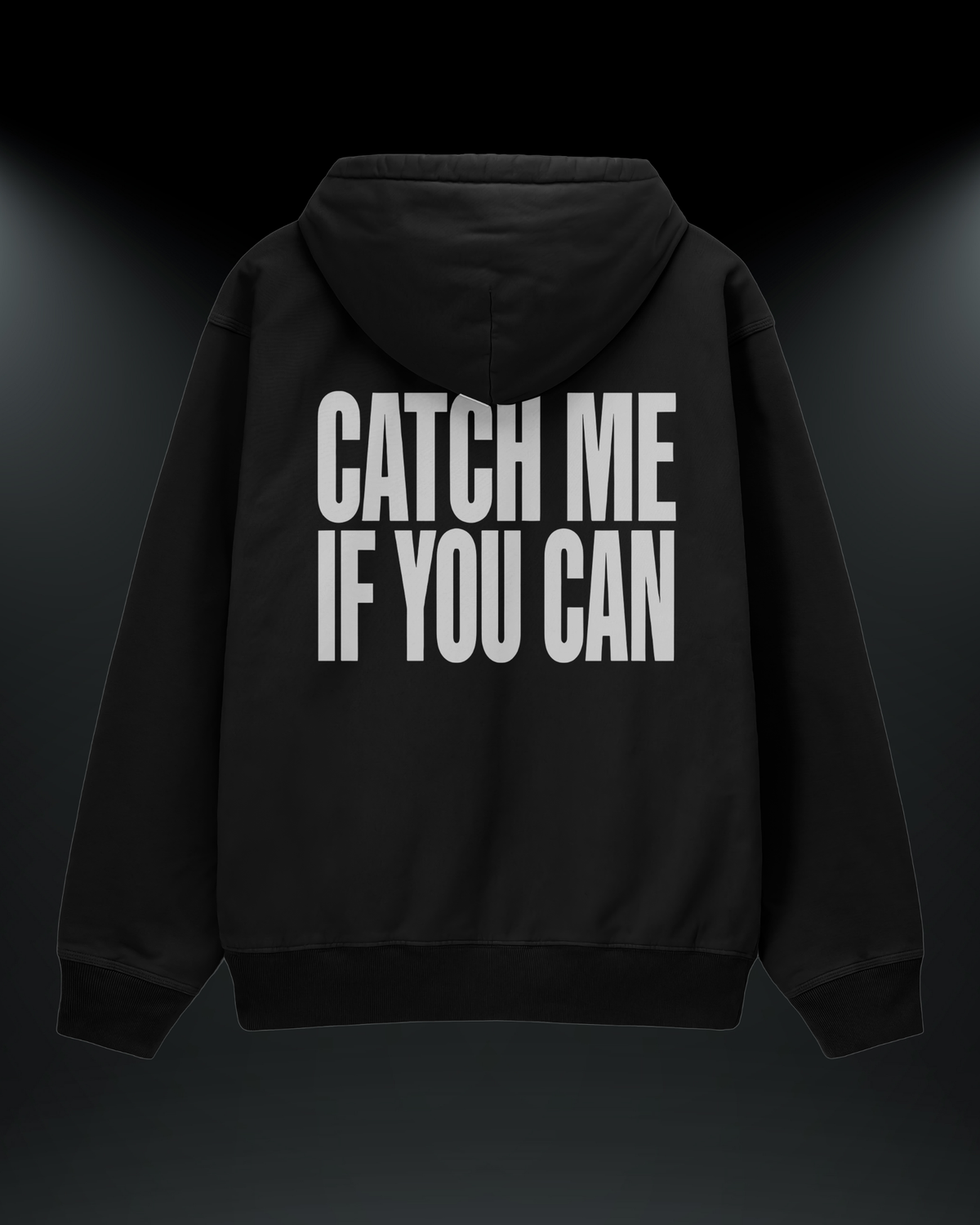 Catch Me If You Can reflektörlü oversize motorcu hoodie, siyah, arkadan görünüm. Reflektörlü CATCH ME IF YOU CAN yazısı, gece görünürlük