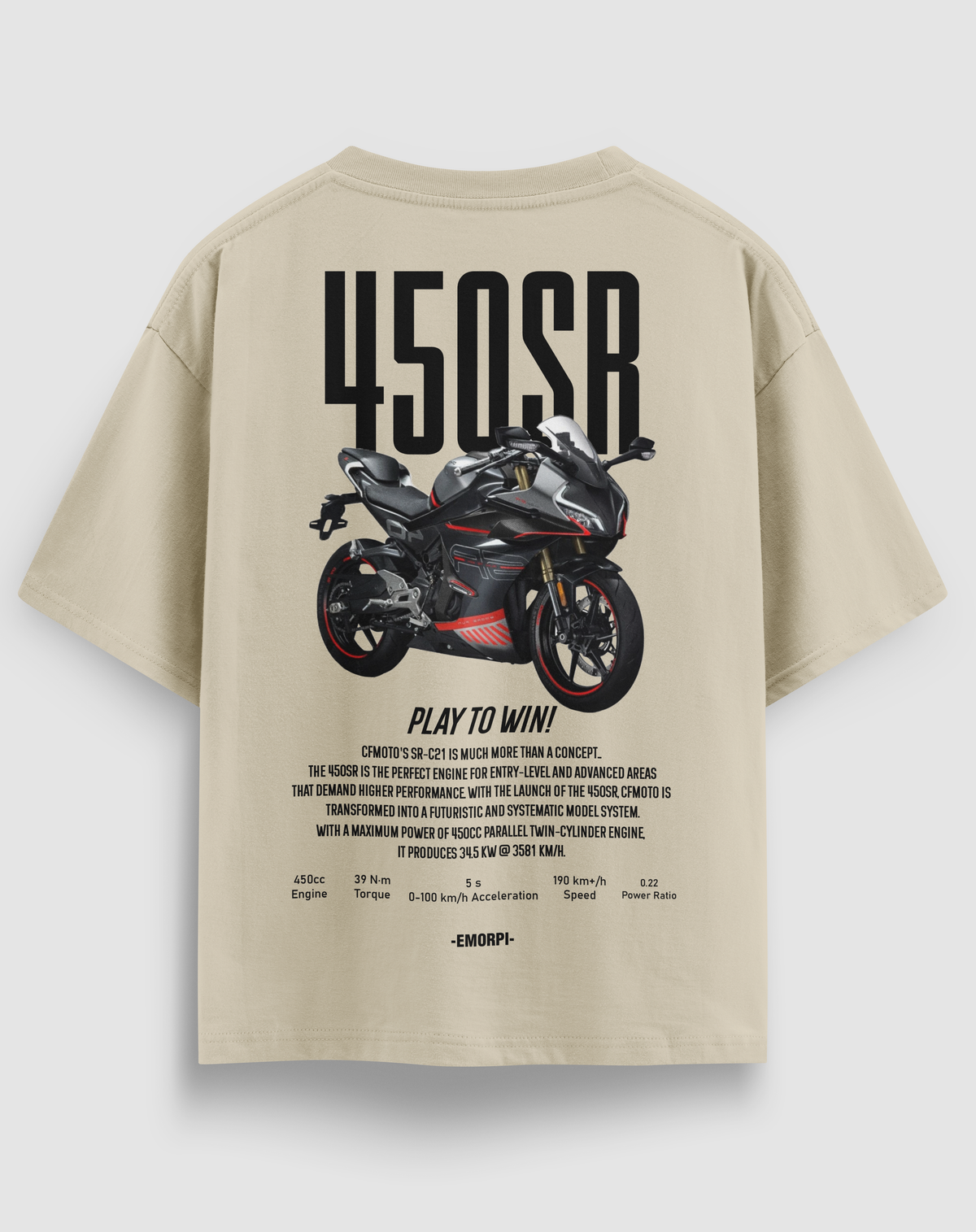 CF-450SR baskılı motorcu tişört, bej, arkadan görünüm. CFMoto 450SR çizimli sırt baskısı