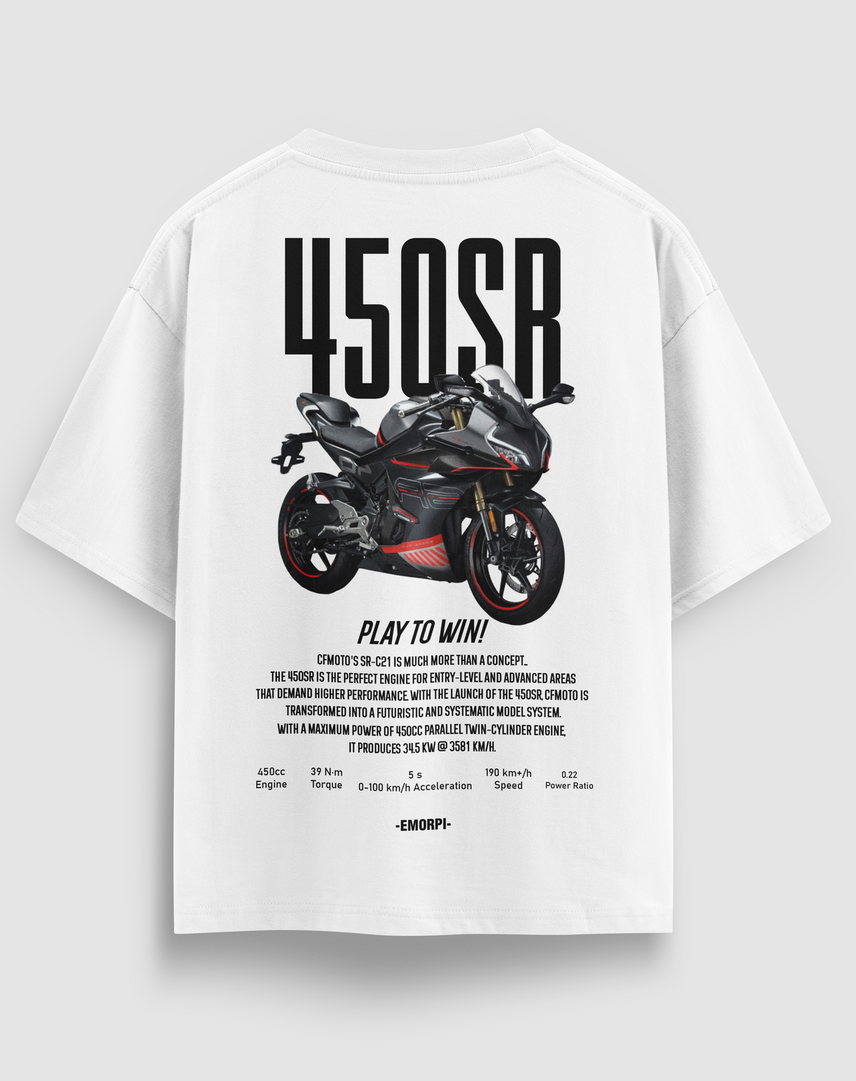 CF-450SR baskılı motorcu tişört, beyaz, arkadan görünüm. CFMoto 450SR çizimli sırt baskısı