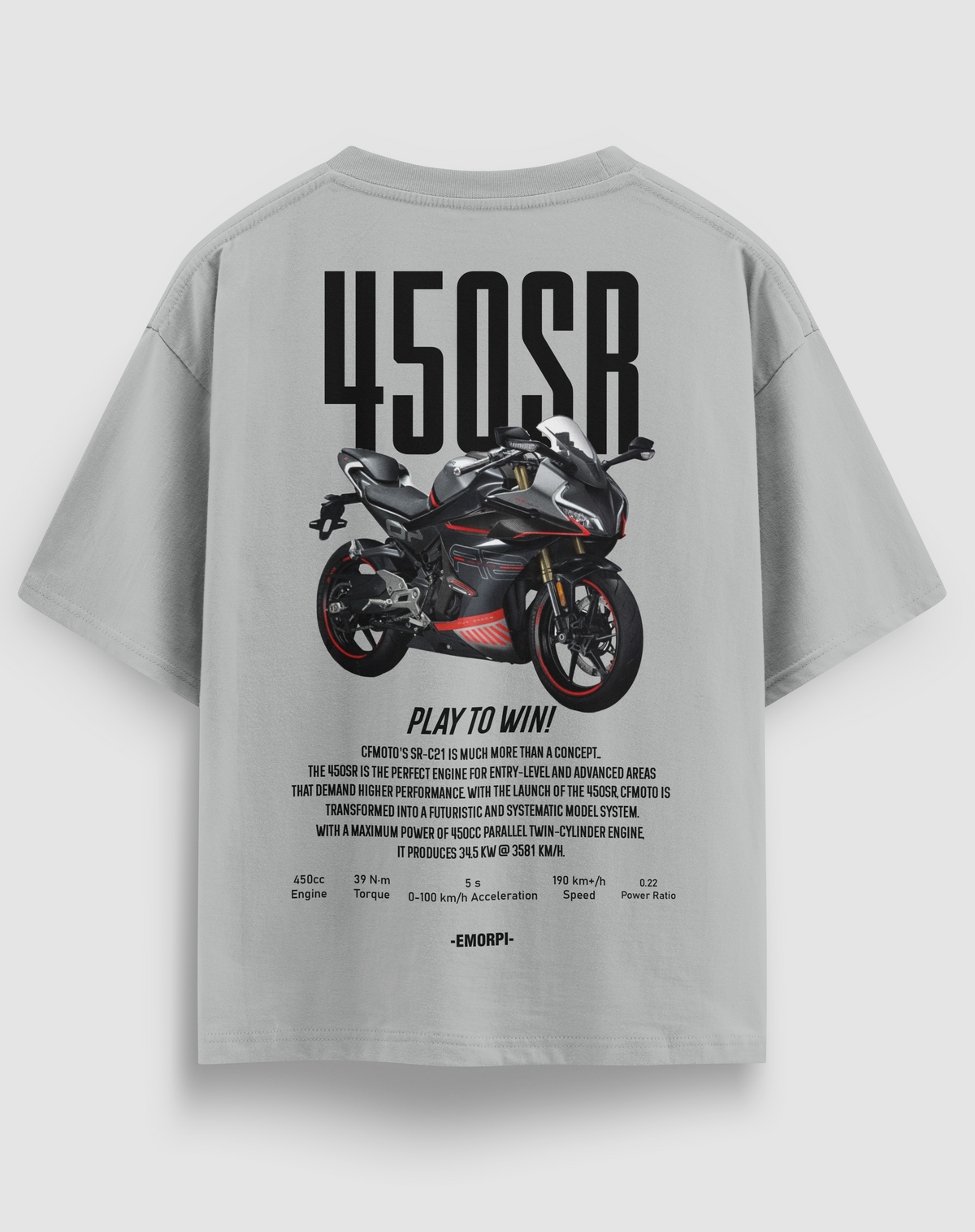 CF-450SR baskılı motorcu tişört, gri, arkadan görünüm. CFMoto 450SR çizimli sırt baskısı