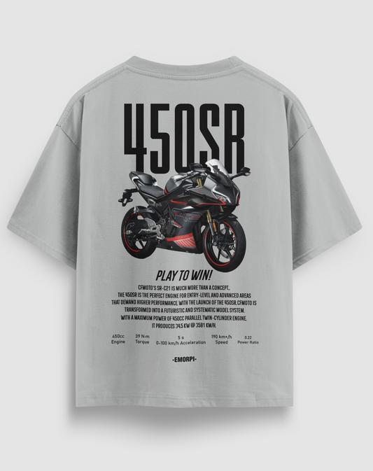 CF-450SR baskılı motorcu tişört, gri, arkadan görünüm. CFMoto 450SR çizimli sırt baskısı