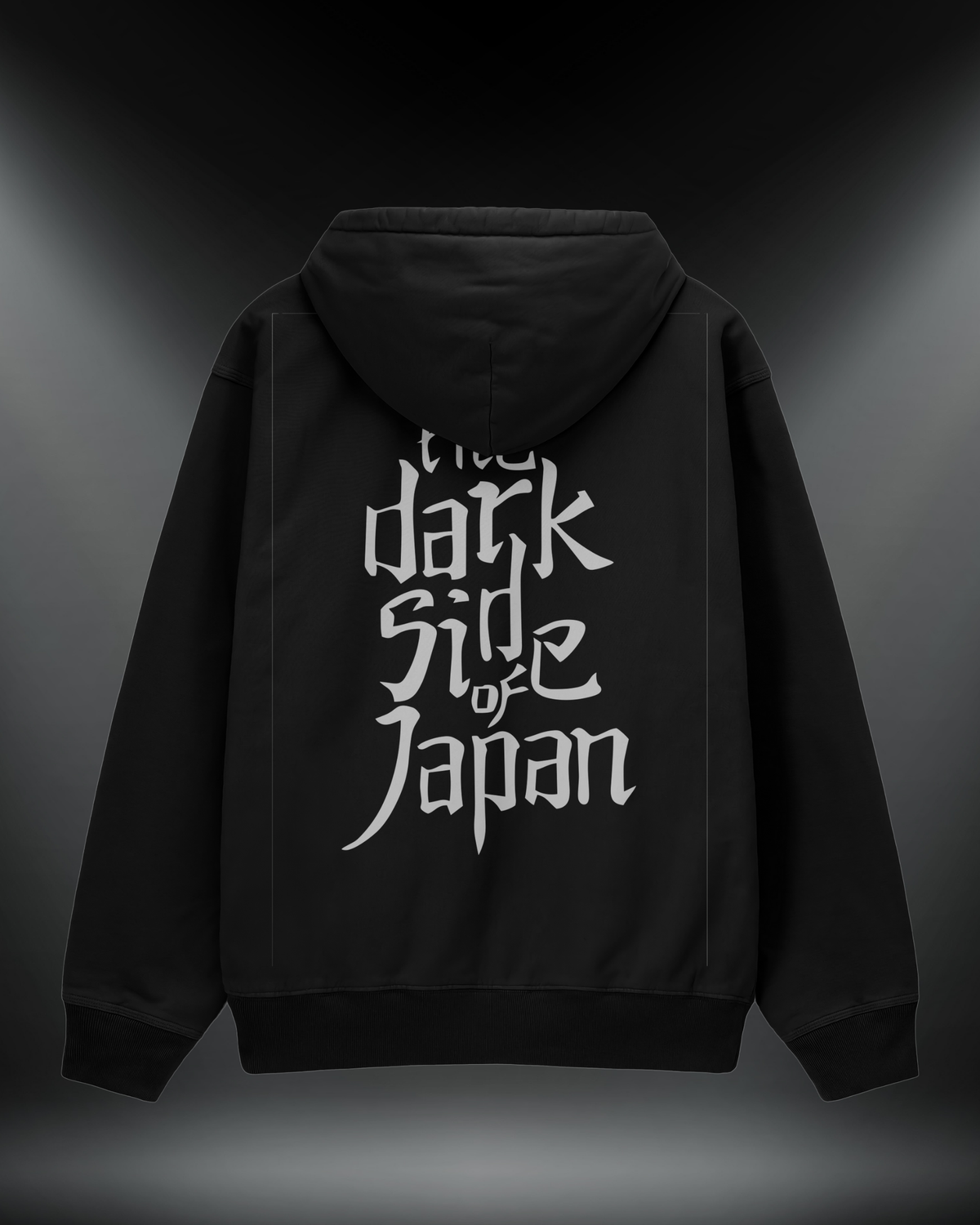 Dark Side of Japan reflektörlü oversize motorcu hoodie, siyah, sırtta The Dark Side of Japan yazısı