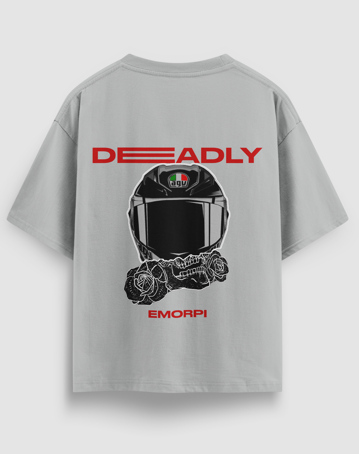 Deadly baskılı motorcu tişört, gri, arkadan görünüm. Kask, kurukafa ve gül çizimli DEADLY sırt baskısı