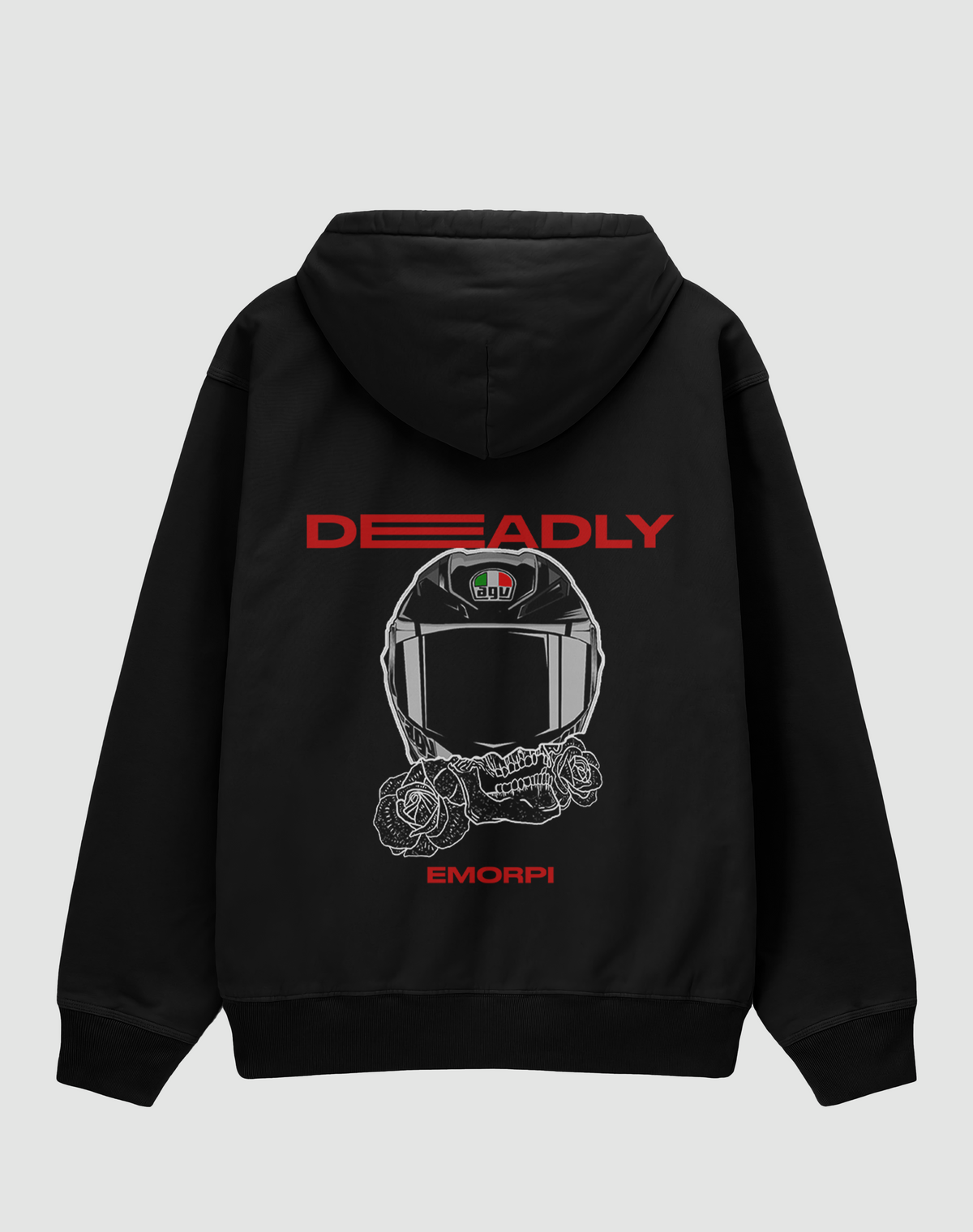 Deadly baskılı oversize motorcu hoodie, siyah, arkadan görünüm. Kask, kurukafa ve gül çizimli DEADLY sırt baskısı, önde küçük kask