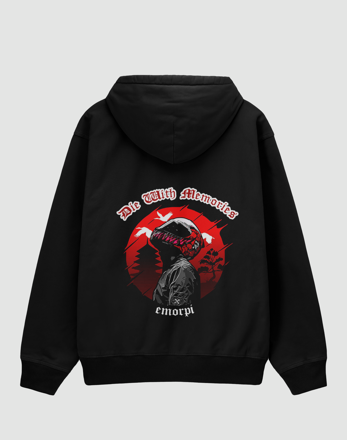 Die With Memories baskılı oversize motorcu hoodie, siyah, arkadan görünüm. Die With Memories sırt baskısı, önde küçük amblem
