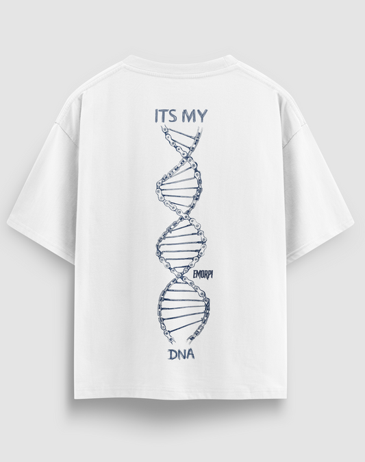 DNA baskılı motorcu tişört, beyaz, arkadan görünüm. ITS MY DNA yazılı DNA sarmalı sırt baskısı