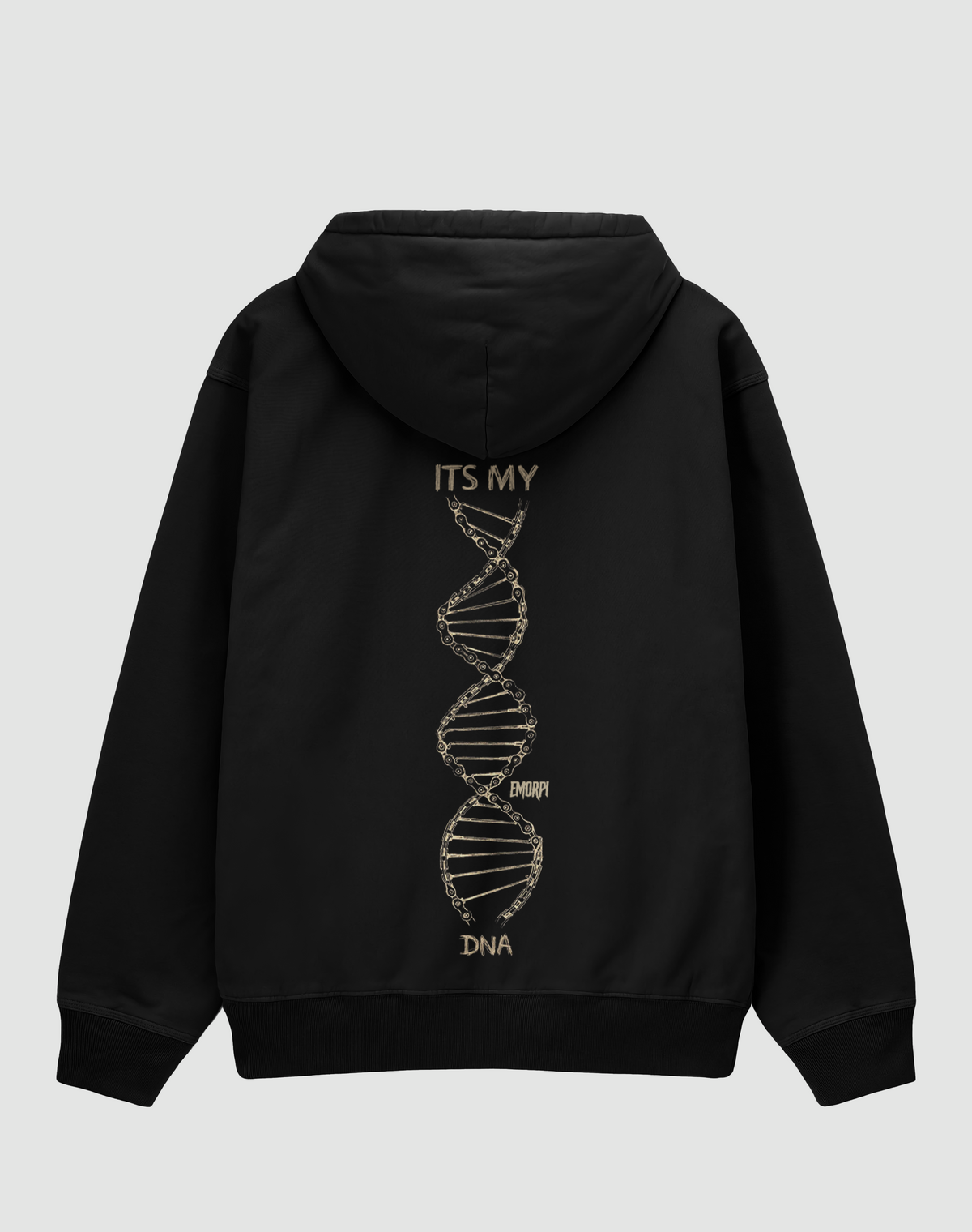 DNA baskılı oversize motorcu hoodie, siyah, arkadan görünüm. ITS MY DNA yazılı DNA sarmalı sırt baskısı