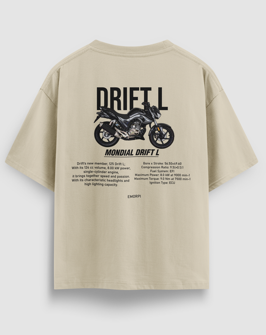 Drift L baskılı motorcu tişört, bej, arkadan görünüm. Mondial Drift L çizimli sırt baskısı