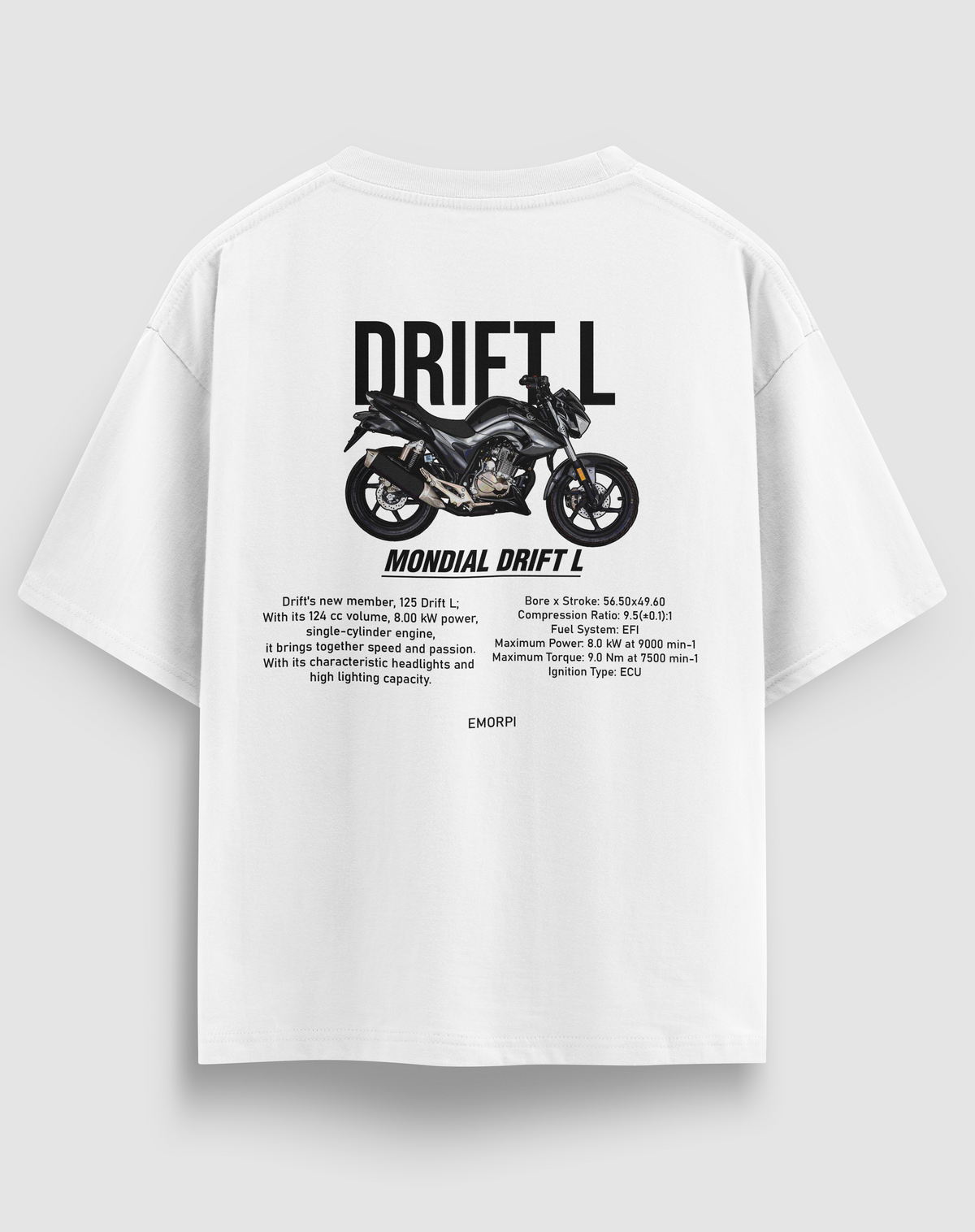Drift L baskılı motorcu tişört, beyaz, arkadan görünüm. Mondial Drift L çizimli sırt baskısı