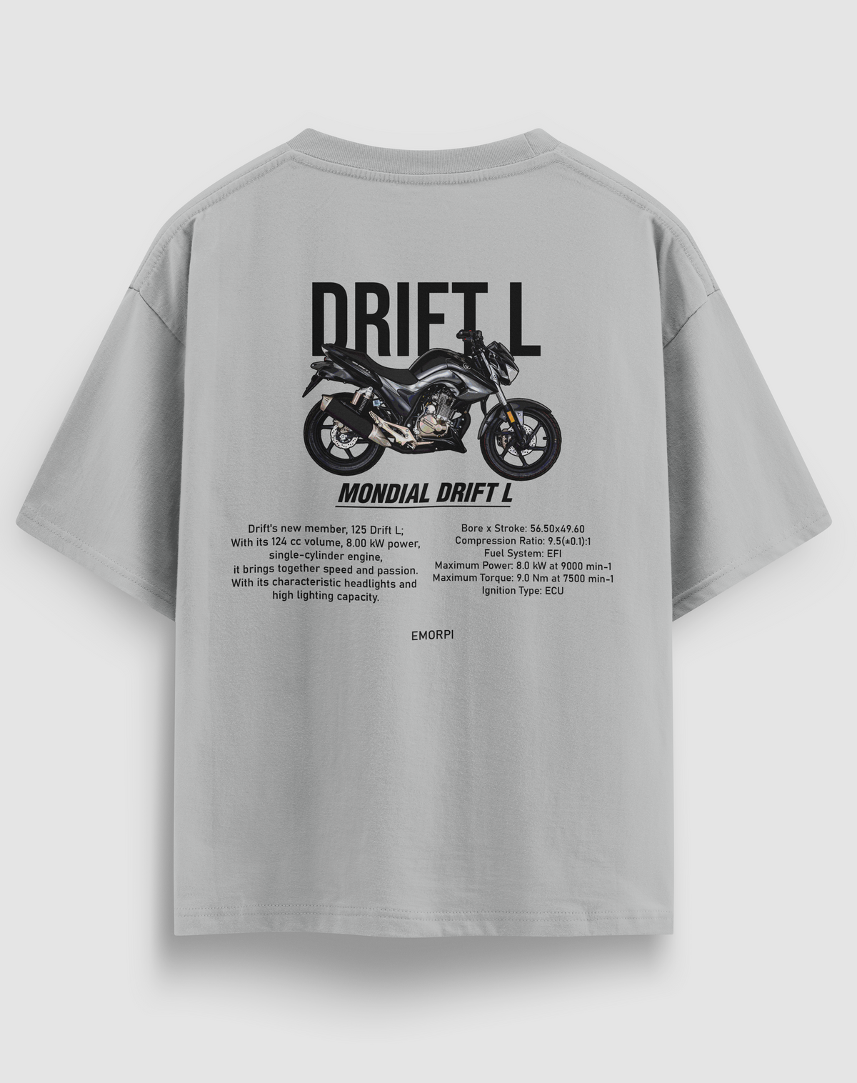 Drift L baskılı motorcu tişört, gri, arkadan görünüm. Mondial Drift L çizimli sırt baskısı