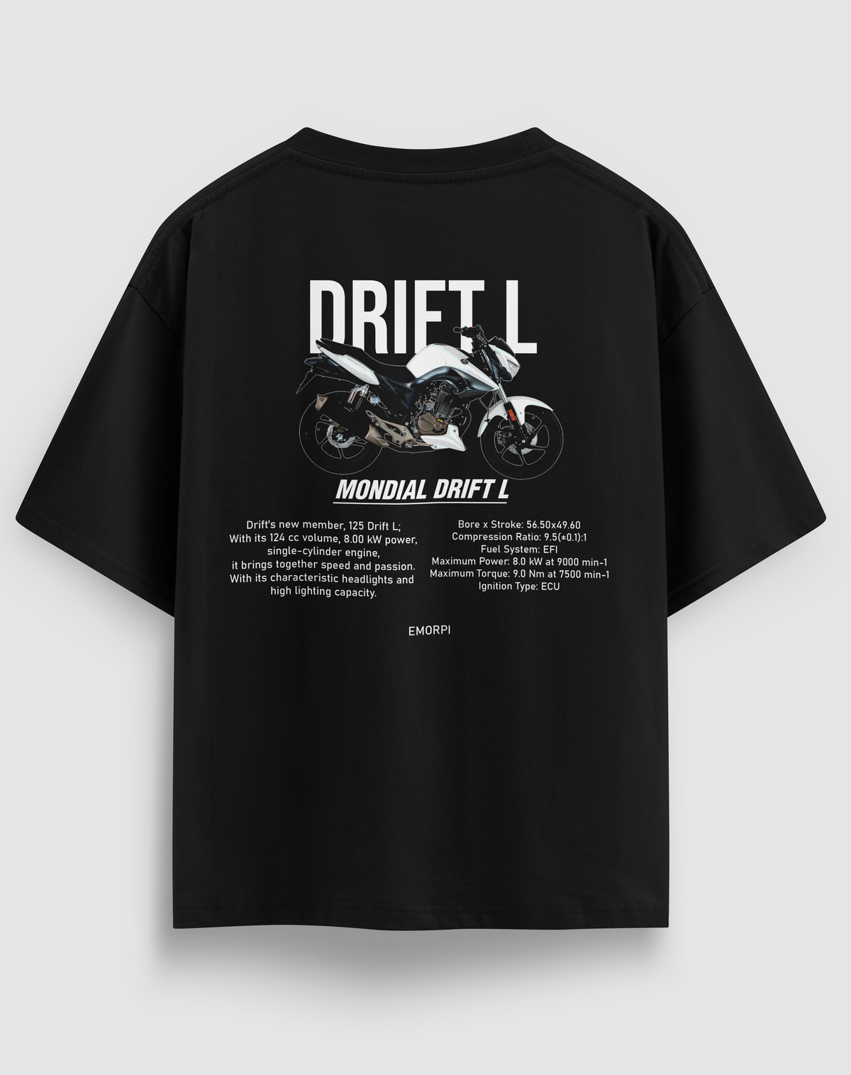 Drift L baskılı motorcu tişört, siyah, arkadan görünüm. Mondial Drift L çizimli sırt baskısı