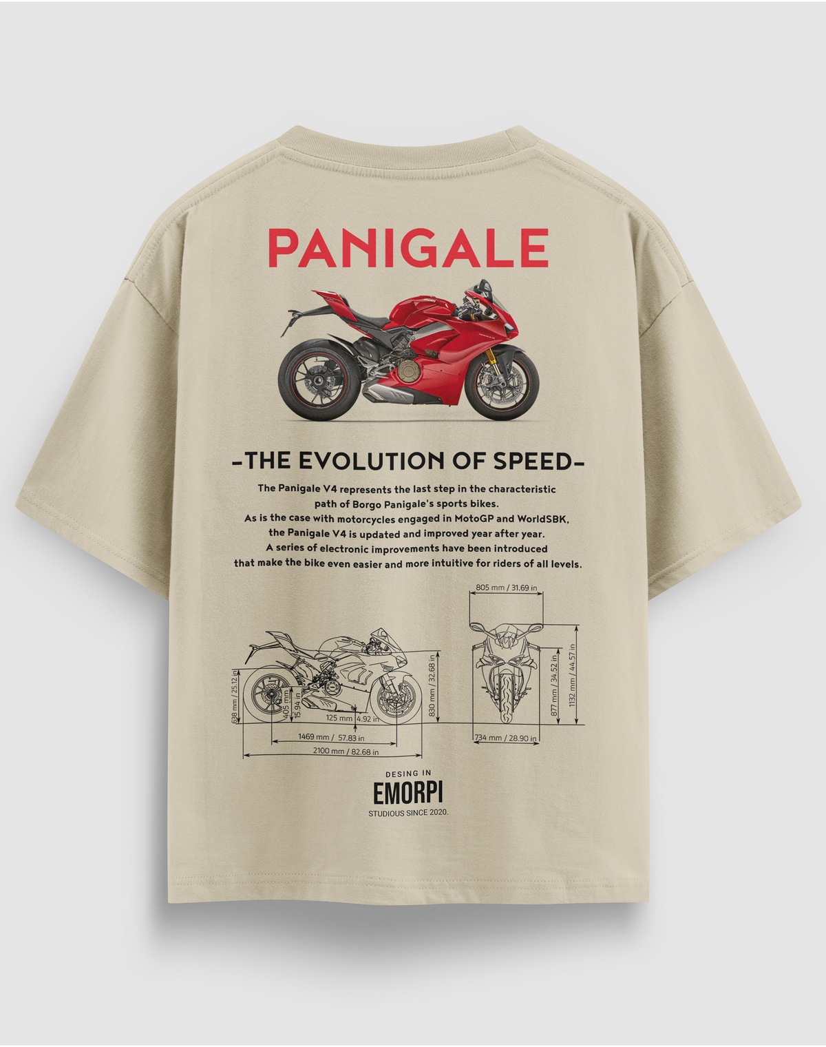 Ducati Panigale baskılı motorcu tişört, bej, arkadan görünüm. Ducati Panigale V4 çizimli THE EVOLUTION OF SPEED sırt baskısı