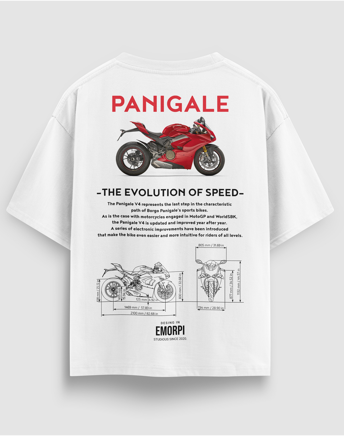 Ducati Panigale baskılı motorcu tişört, beyaz, arkadan görünüm. Ducati Panigale V4 çizimli THE EVOLUTION OF SPEED sırt baskısı