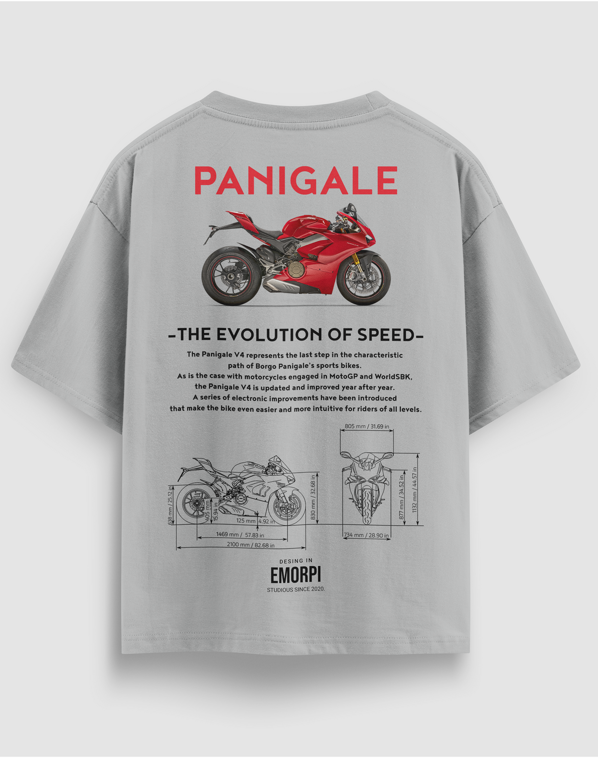 Ducati Panigale baskılı motorcu tişört, gri, arkadan görünüm. Ducati Panigale V4 çizimli THE EVOLUTION OF SPEED sırt baskısı
