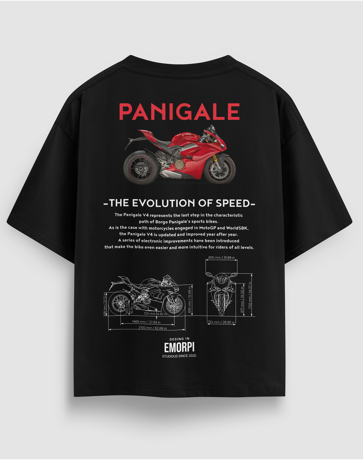 Ducati Panigale baskılı motorcu tişört, siyah, arkadan görünüm. Ducati Panigale V4 çizimli THE EVOLUTION OF SPEED sırt baskısı